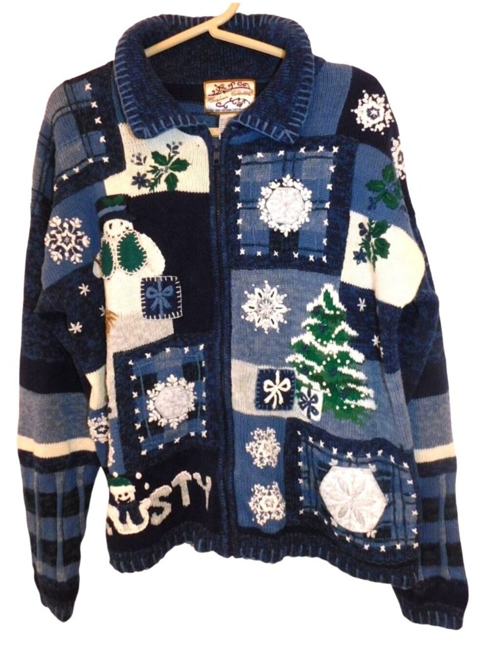 Heirloom Collectibles XL Frosty Snowman Zip Cardigan Sweater Patchwork Whimsical